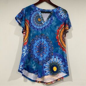 Women's Blue V Neck Tunic Multicolor Mandala Design Ruffle Sleeve Size XL